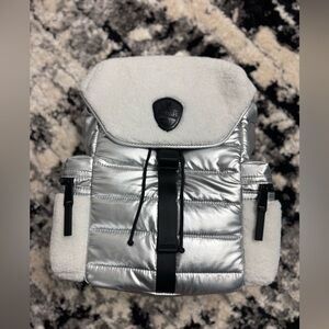 Pajar Backpack Silver Metallic Puffer Sherpa Trim Accents Flap Closure - NWT